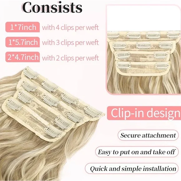 Beach Blonde Hair Extension Clip in Synthetic Highlight Long Wavy 4PCS Thick 20” - Picture 4 of 10